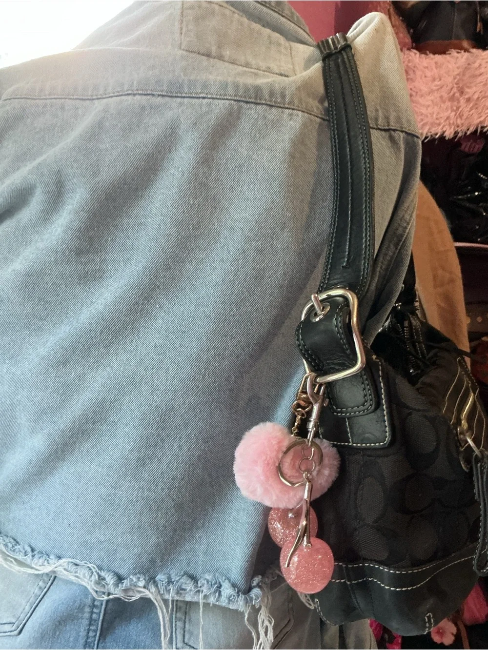 Coach Black Canvas Shoulder Bag with Gold Chain and Pink Accents